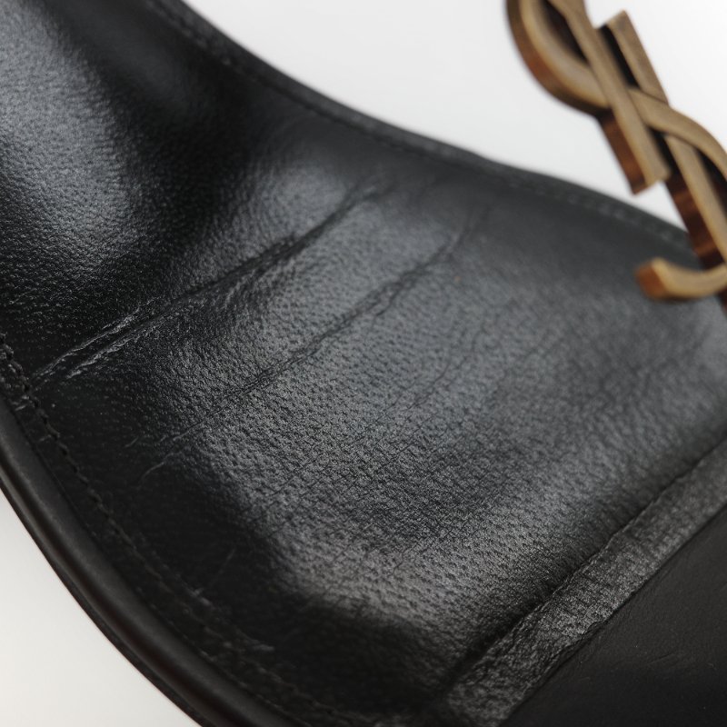 Saint Laurent 聖羅蘭 YSL 金屬 Logo 復古銅金 黑色牛皮 平底涼鞋-13