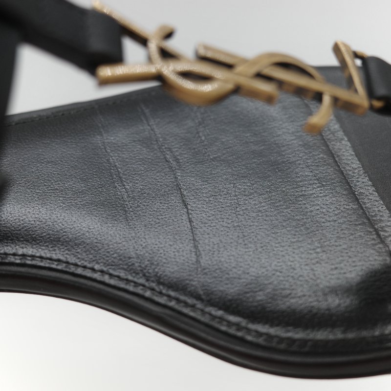 Saint Laurent 聖羅蘭 YSL 金屬 Logo 復古銅金 黑色牛皮 平底涼鞋-14