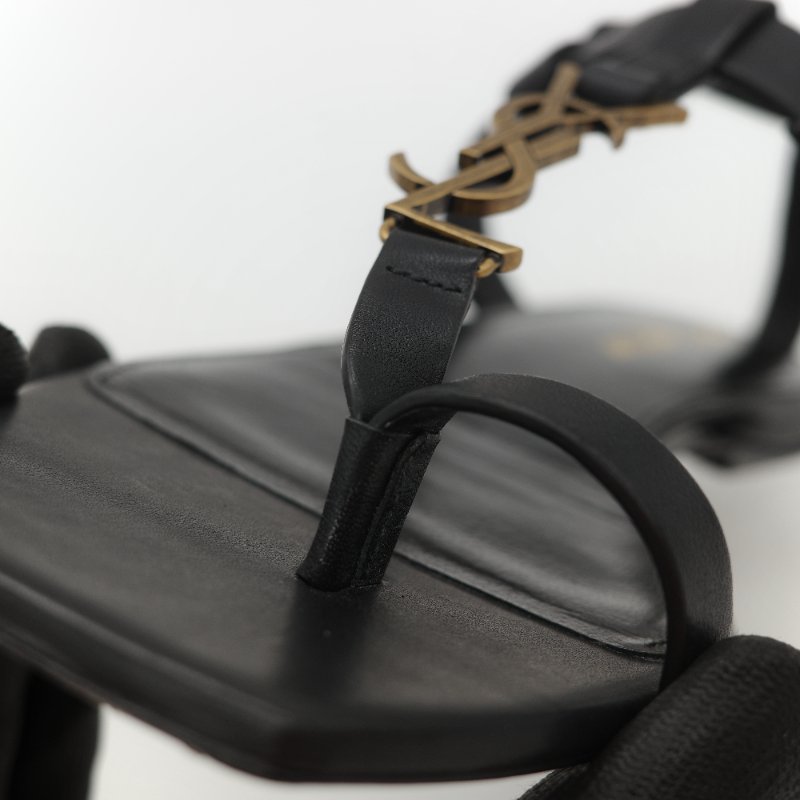 Saint Laurent 聖羅蘭 YSL 金屬 Logo 復古銅金 黑色牛皮 平底涼鞋-18