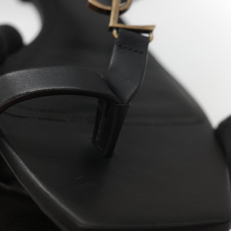 Saint Laurent 聖羅蘭 YSL 金屬 Logo 復古銅金 黑色牛皮 平底涼鞋-19