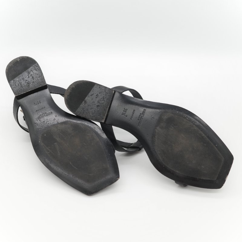 Saint Laurent 聖羅蘭 YSL 金屬 Logo 復古銅金 黑色牛皮 平底涼鞋-21