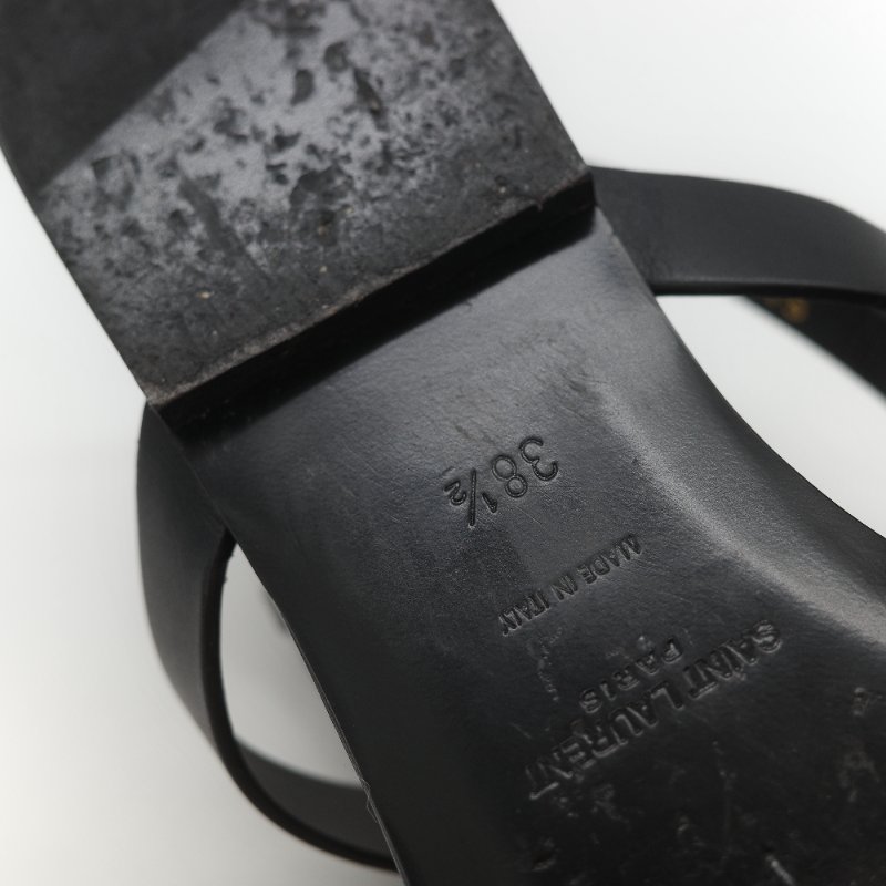 Saint Laurent 聖羅蘭 YSL 金屬 Logo 復古銅金 黑色牛皮 平底涼鞋-22