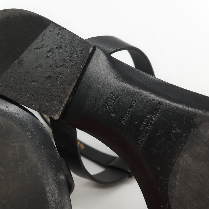 Saint Laurent 聖羅蘭 YSL 金屬 Logo 復古銅金 黑色牛皮 平底涼鞋-23