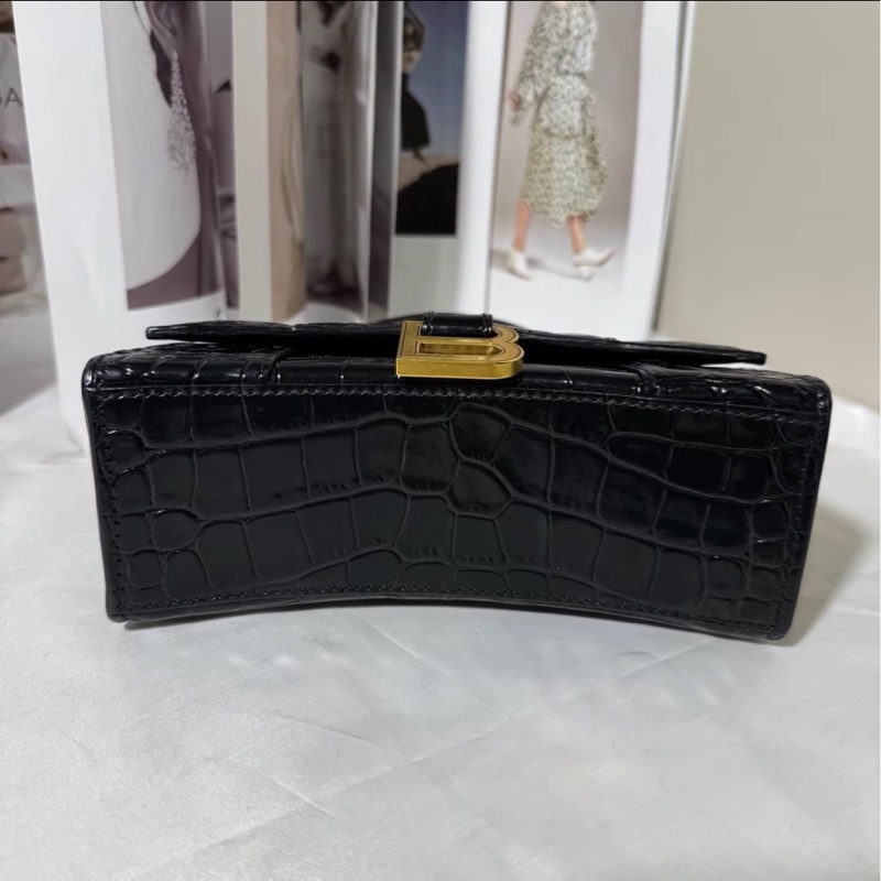 質感拉滿💯限時低價😍Balenciaga巴黎世家黑金亮面鱷魚壓紋xs沙漏包手提包單肩斜挎包-11