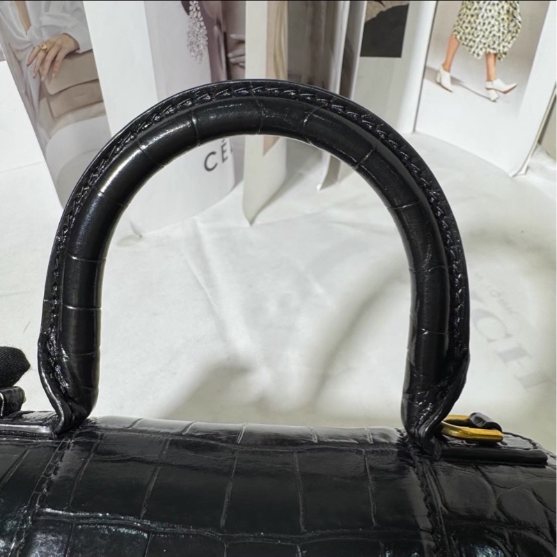 質感拉滿💯限時低價😍Balenciaga巴黎世家黑金亮面鱷魚壓紋xs沙漏包手提包單肩斜挎包-13