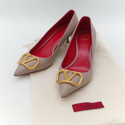 Valentino 范倫鐵諾 藕粉色牛皮 V Logo 淺口 小跟鞋 貓跟鞋 工作鞋