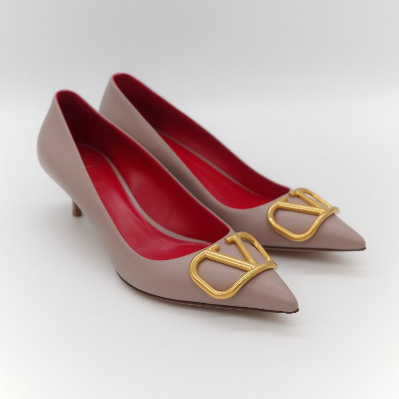 Valentino 范倫鐵諾 藕粉色牛皮 V Logo 淺口 小跟鞋 貓跟鞋 工作鞋-2