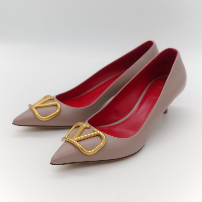 Valentino 范倫鐵諾 藕粉色牛皮 V Logo 淺口 小跟鞋 貓跟鞋 工作鞋-3