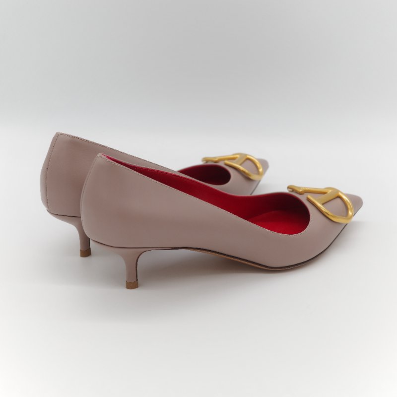 Valentino 范倫鐵諾 藕粉色牛皮 V Logo 淺口 小跟鞋 貓跟鞋 工作鞋-5