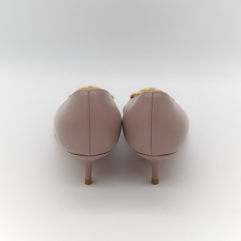 Valentino 范倫鐵諾 藕粉色牛皮 V Logo 淺口 小跟鞋 貓跟鞋 工作鞋-6