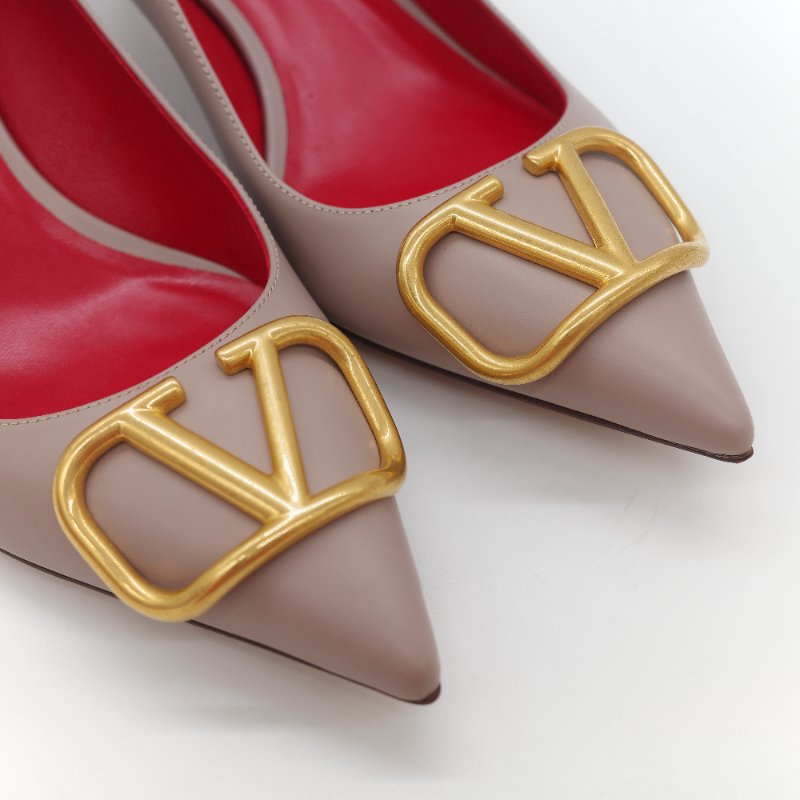Valentino 范倫鐵諾 藕粉色牛皮 V Logo 淺口 小跟鞋 貓跟鞋 工作鞋-7