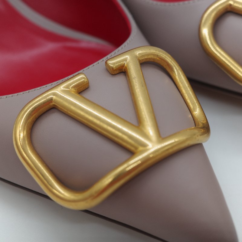 Valentino 范倫鐵諾 藕粉色牛皮 V Logo 淺口 小跟鞋 貓跟鞋 工作鞋-8