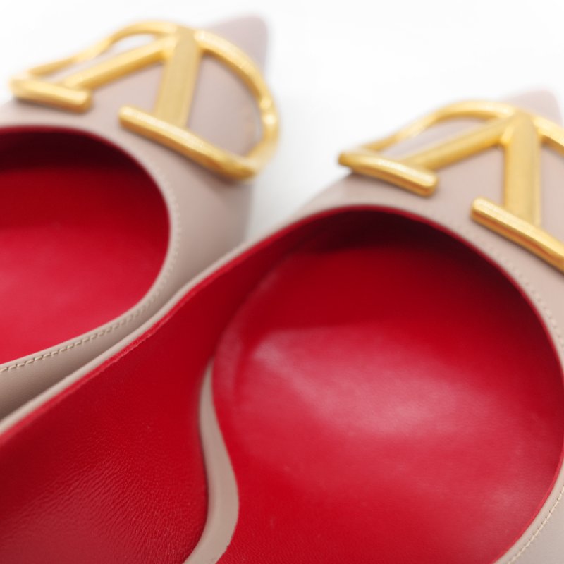 Valentino 范倫鐵諾 藕粉色牛皮 V Logo 淺口 小跟鞋 貓跟鞋 工作鞋-15