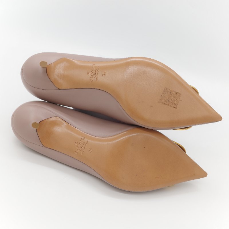 Valentino 范倫鐵諾 藕粉色牛皮 V Logo 淺口 小跟鞋 貓跟鞋 工作鞋-16