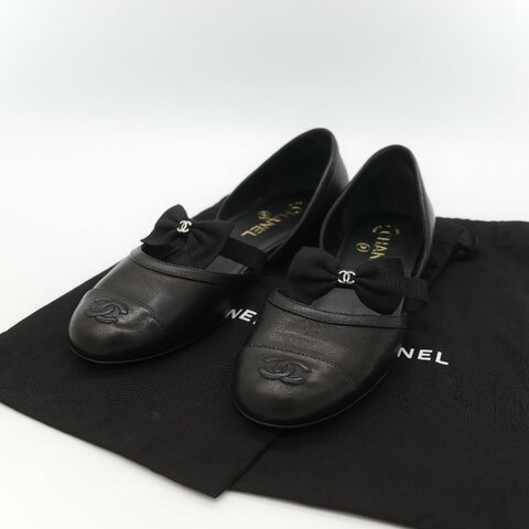 Chanel 香奈兒 黑色牛皮 蝴蝶結 娃娃鞋 平底鞋 EU38