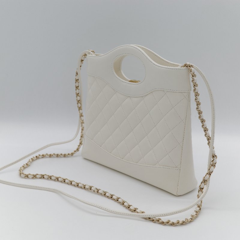 Chanel 香奈兒 31Bag Mini 22cm 白雪公主 奶白色 油蠟皮 晶片款 淺金扣 手提包 斜挎包 兩用包-6