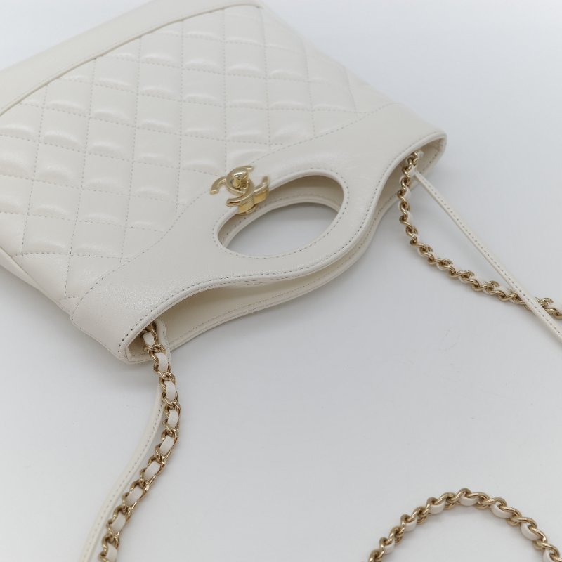 Chanel 香奈兒 31Bag Mini 22cm 白雪公主 奶白色 油蠟皮 晶片款 淺金扣 手提包 斜挎包 兩用包-15