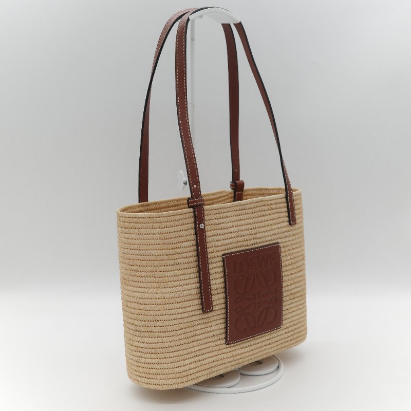 Loewe 羅威 亞麻色 拉菲草 編織 牛皮革 Logo 托特包 單肩包-1