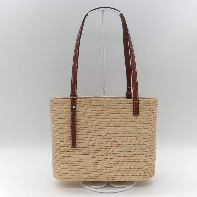 Loewe 羅威 亞麻色 拉菲草 編織 牛皮革 Logo 托特包 單肩包-3