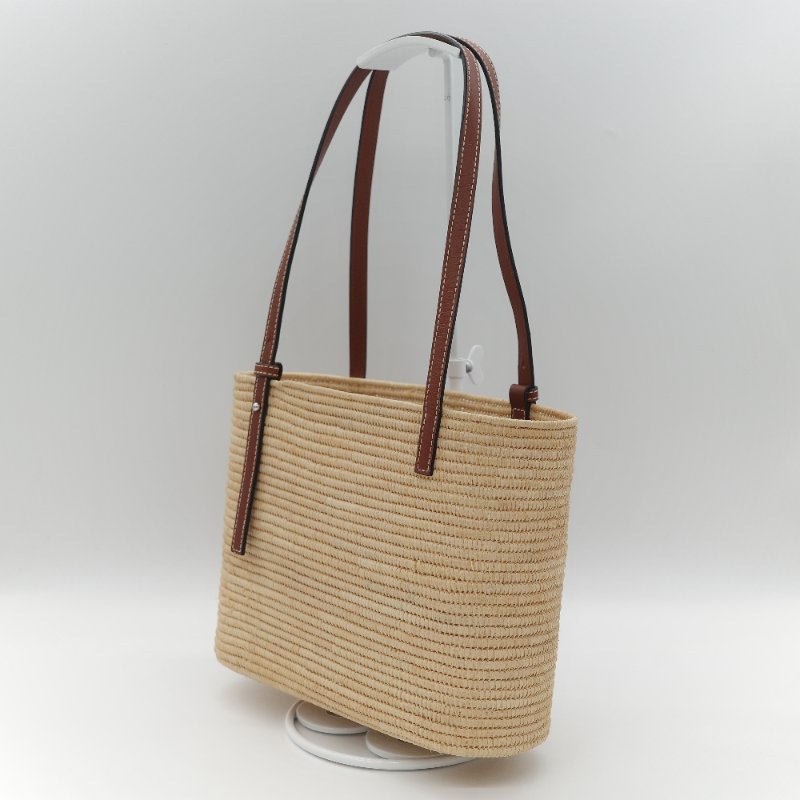 Loewe 羅威 亞麻色 拉菲草 編織 牛皮革 Logo 托特包 單肩包-5