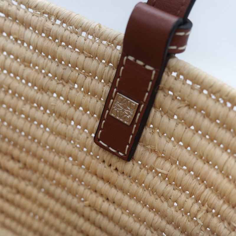 Loewe 羅威 亞麻色 拉菲草 編織 牛皮革 Logo 托特包 單肩包-16