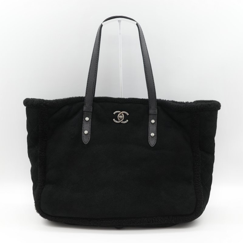 Chanel 香奈兒 銀扣 CC 菱格紋 羊羔毛 拼接 麂皮 托特包-1