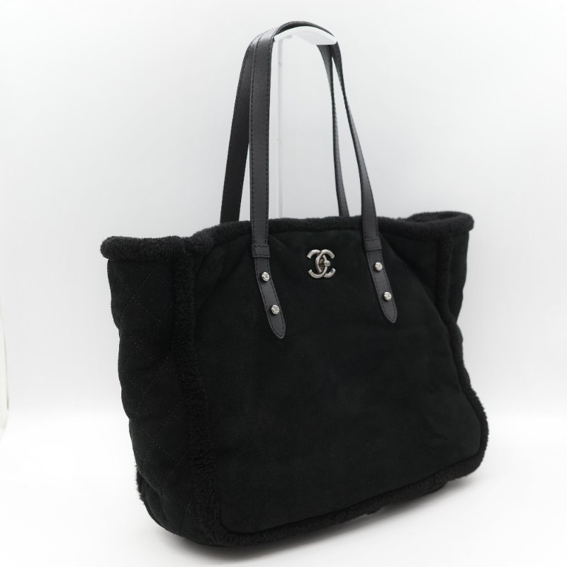 Chanel 香奈兒 銀扣 CC 菱格紋 羊羔毛 拼接 麂皮 托特包-2