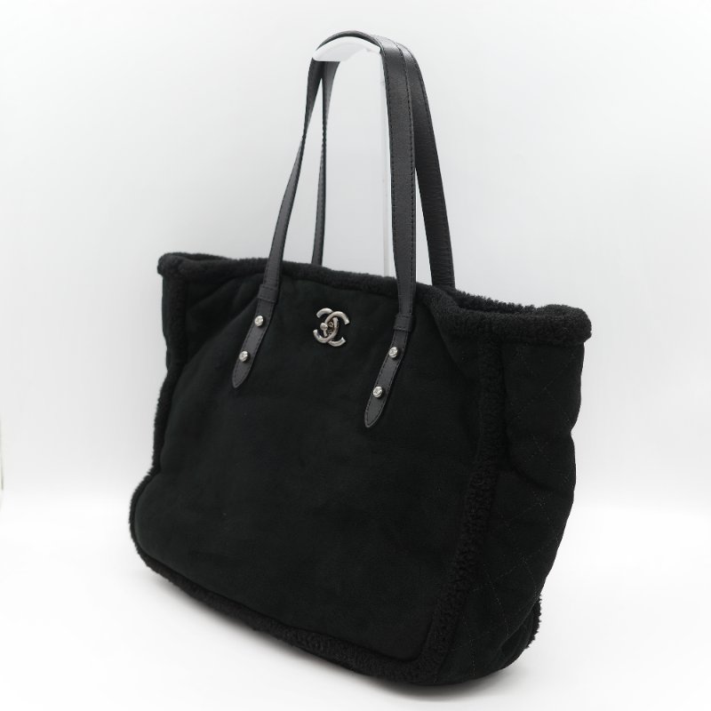 Chanel 香奈兒 銀扣 CC 菱格紋 羊羔毛 拼接 麂皮 托特包-3