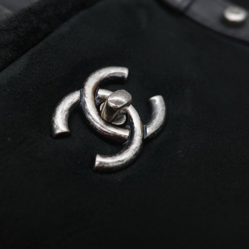 Chanel 香奈兒 銀扣 CC 菱格紋 羊羔毛 拼接 麂皮 托特包-14