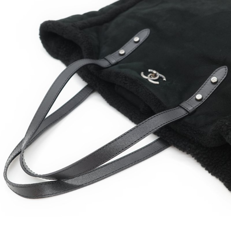 Chanel 香奈兒 銀扣 CC 菱格紋 羊羔毛 拼接 麂皮 托特包-15