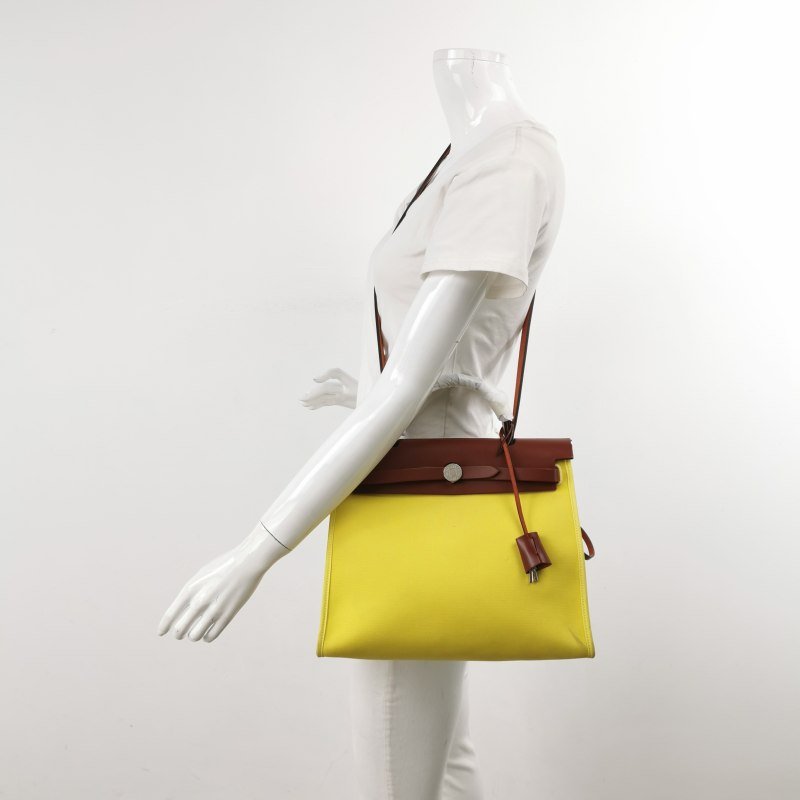 Hermes Herbag31馬鞍釘鎖釦子母包斜背包單肩包Hunter牛皮帆布銀扣紅色黃色X刻-1