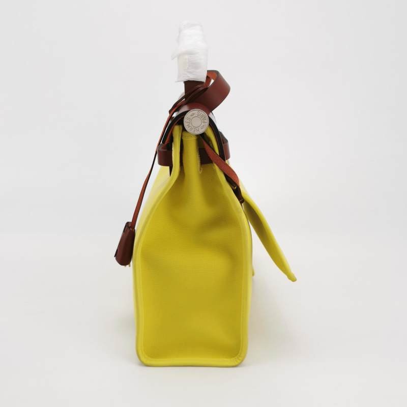 Hermes Herbag31馬鞍釘鎖釦子母包斜背包單肩包Hunter牛皮帆布銀扣紅色黃色X刻-2