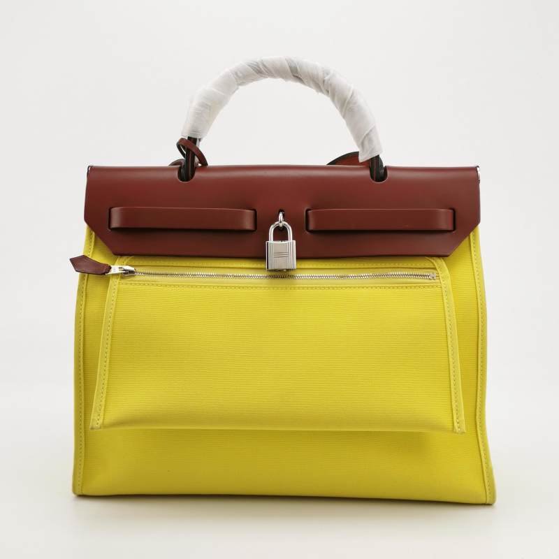 Hermes Herbag31馬鞍釘鎖釦子母包斜背包單肩包Hunter牛皮帆布銀扣紅色黃色X刻-4