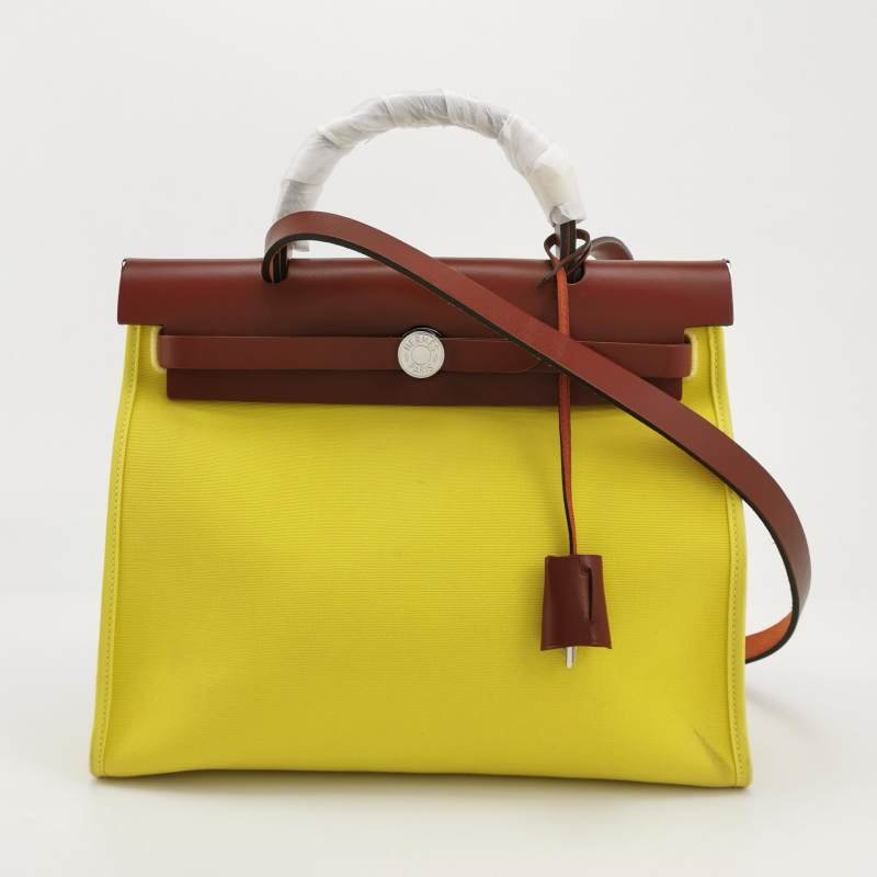 Hermes Herbag31馬鞍釘鎖釦子母包斜背包單肩包Hunter牛皮帆布銀扣紅色黃色X刻-7
