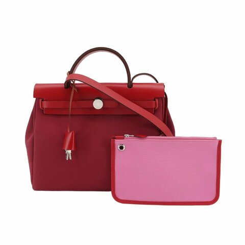Hermes Herbag31馬鞍釘鎖扣單肩包Hunter牛皮帆布銀扣紅色5X辣椒紅Z刻