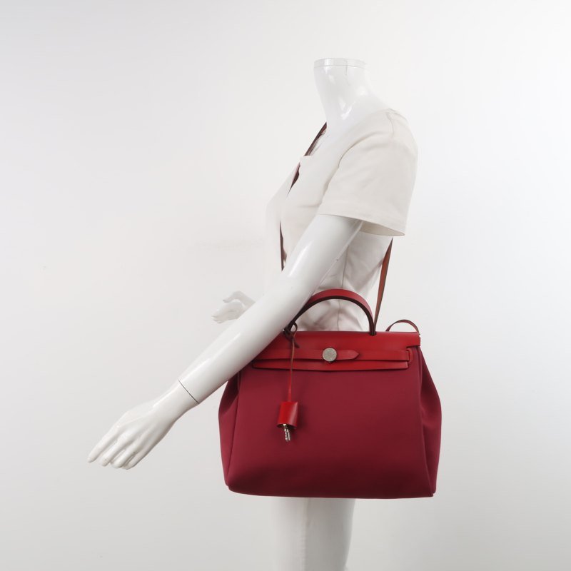 Hermes Herbag31馬鞍釘鎖扣單肩包Hunter牛皮帆布銀扣紅色5X辣椒紅Z刻-1