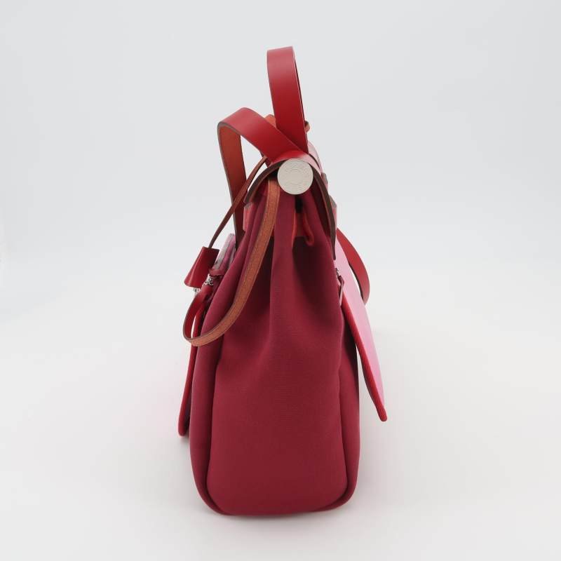 Hermes Herbag31馬鞍釘鎖扣單肩包Hunter牛皮帆布銀扣紅色5X辣椒紅Z刻-2