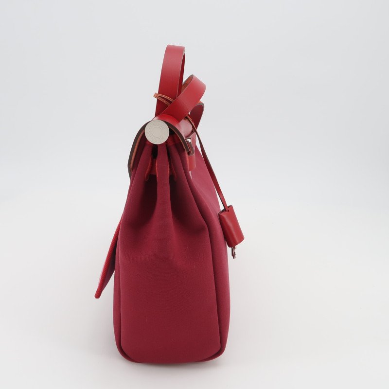 Hermes Herbag31馬鞍釘鎖扣單肩包Hunter牛皮帆布銀扣紅色5X辣椒紅Z刻-3