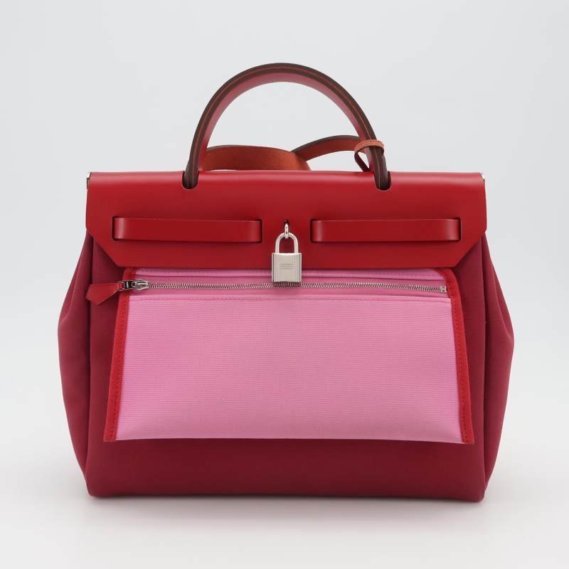 Hermes Herbag31馬鞍釘鎖扣單肩包Hunter牛皮帆布銀扣紅色5X辣椒紅Z刻-4