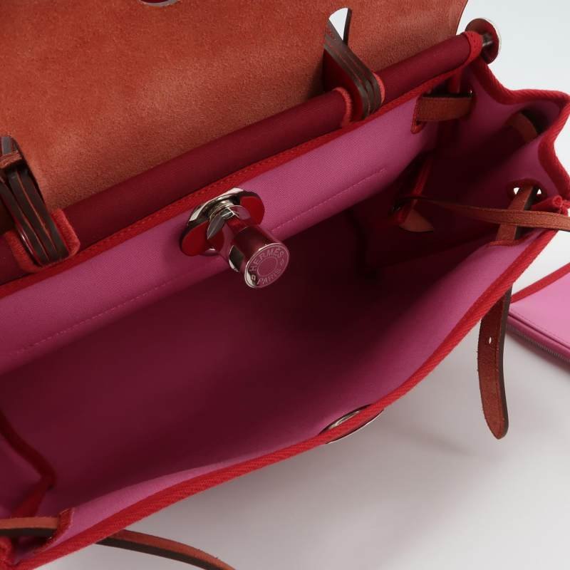 Hermes Herbag31馬鞍釘鎖扣單肩包Hunter牛皮帆布銀扣紅色5X辣椒紅Z刻-6