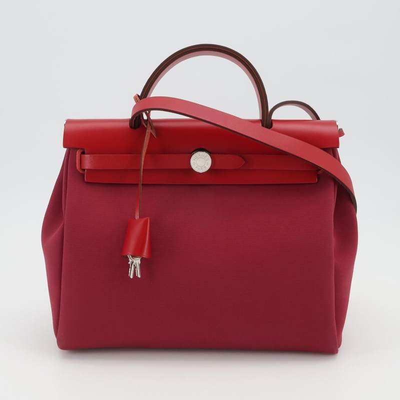 Hermes Herbag31馬鞍釘鎖扣單肩包Hunter牛皮帆布銀扣紅色5X辣椒紅Z刻-7