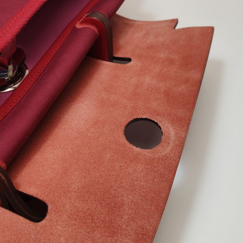 Hermes Herbag31馬鞍釘鎖扣單肩包Hunter牛皮帆布銀扣紅色5X辣椒紅Z刻-9