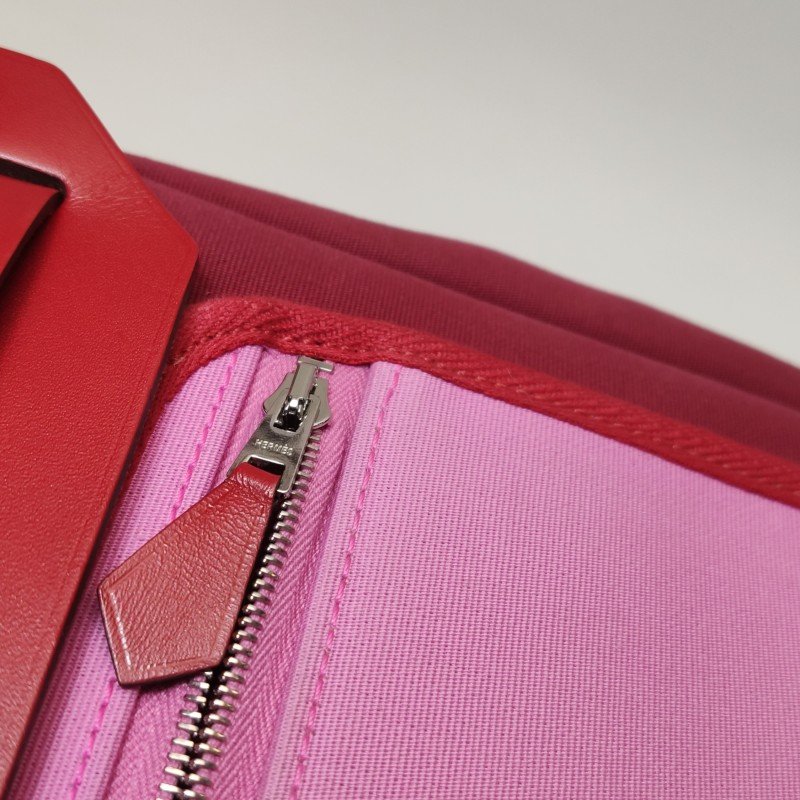 Hermes Herbag31馬鞍釘鎖扣單肩包Hunter牛皮帆布銀扣紅色5X辣椒紅Z刻-14