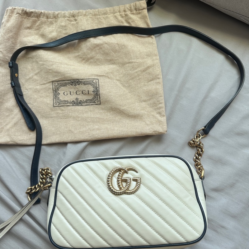 【✨四月超狂特價款✨】Gucci Marmont 拼色相機包(白x深藍)-2