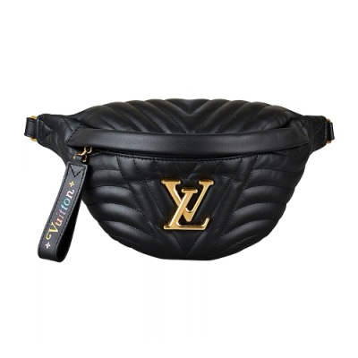 平台最新最便宜近新閒置品✨ LV M53750 NEW WAVE金屬LOGO山形紋全牛皮拉鍊斜挎胸包腰包(黑)-0
