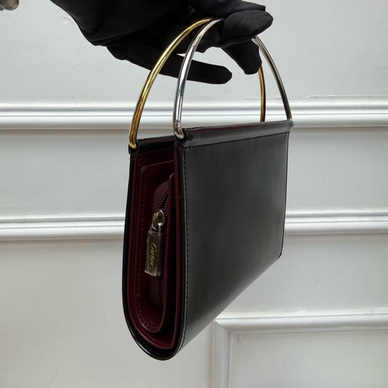 Cartier卡地亞 雙環手提包 黑色 金銀雙環 晚宴包 經典優雅時尚-2