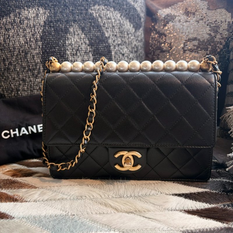 CHANEL 珍珠造型金鏈鏈包 黑色-0