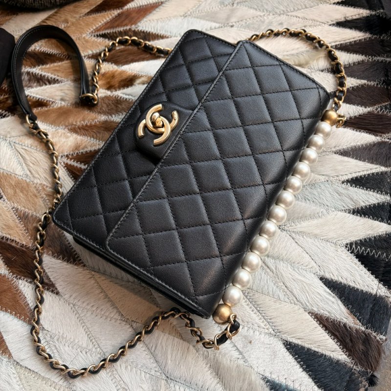 CHANEL 珍珠造型金鏈鏈包 黑色-1