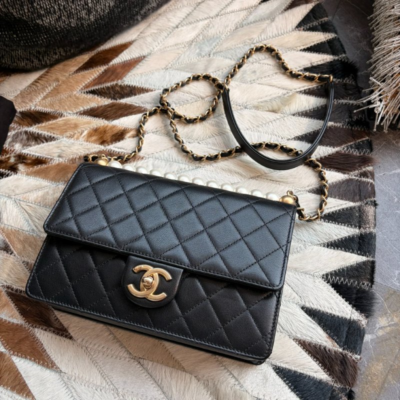 CHANEL 珍珠造型金鏈鏈包 黑色-3