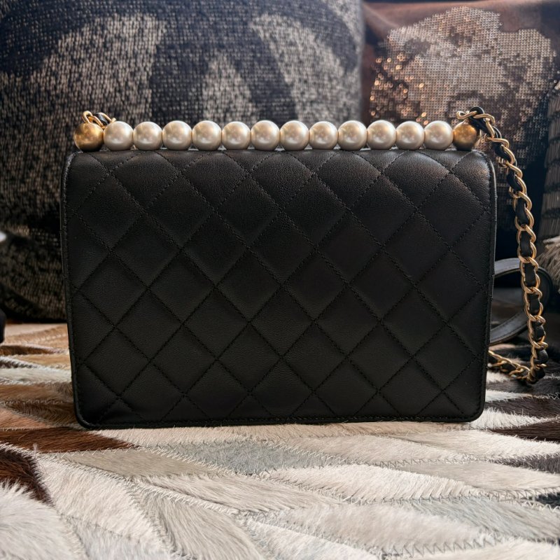 CHANEL 珍珠造型金鏈鏈包 黑色-4